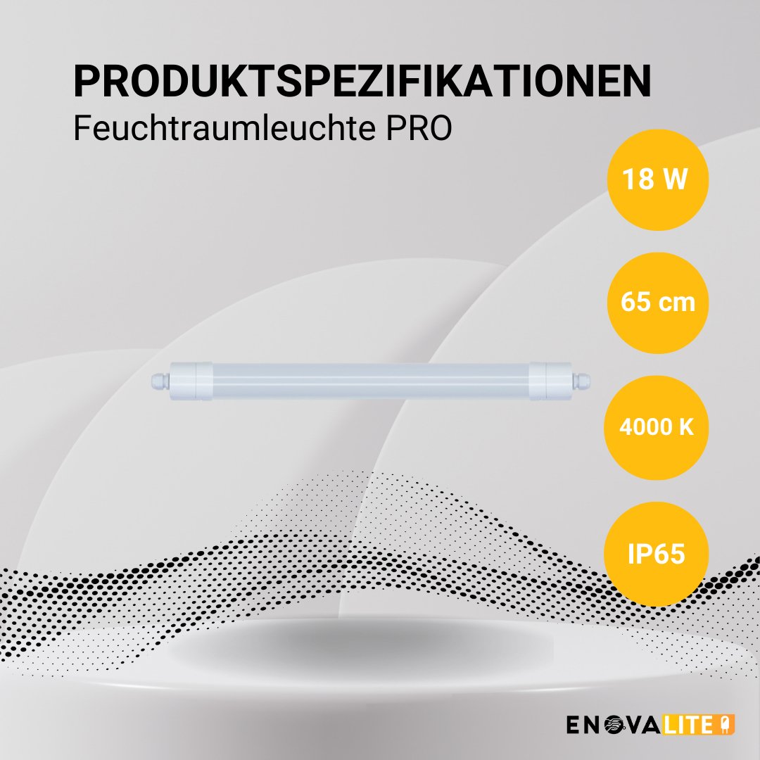 LED Feuchtraumleuchte PRO, 65cm, 18W, 2070 lm, 4000K (neutralweiß), IP65, OSRAM-Netzteil, Steckklemme, durchschleifbar.