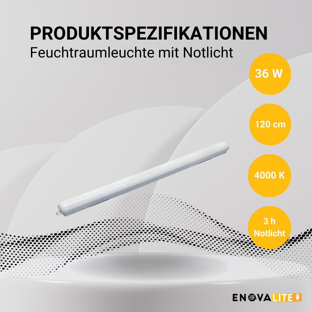 LED Feuchtraumleuchte PRO, Notlicht mit Akku 3h, 120cm, 36W, 3960 lm, 4000 K (neutralweiß), IP66, Steckklemme, durchschleifbar.