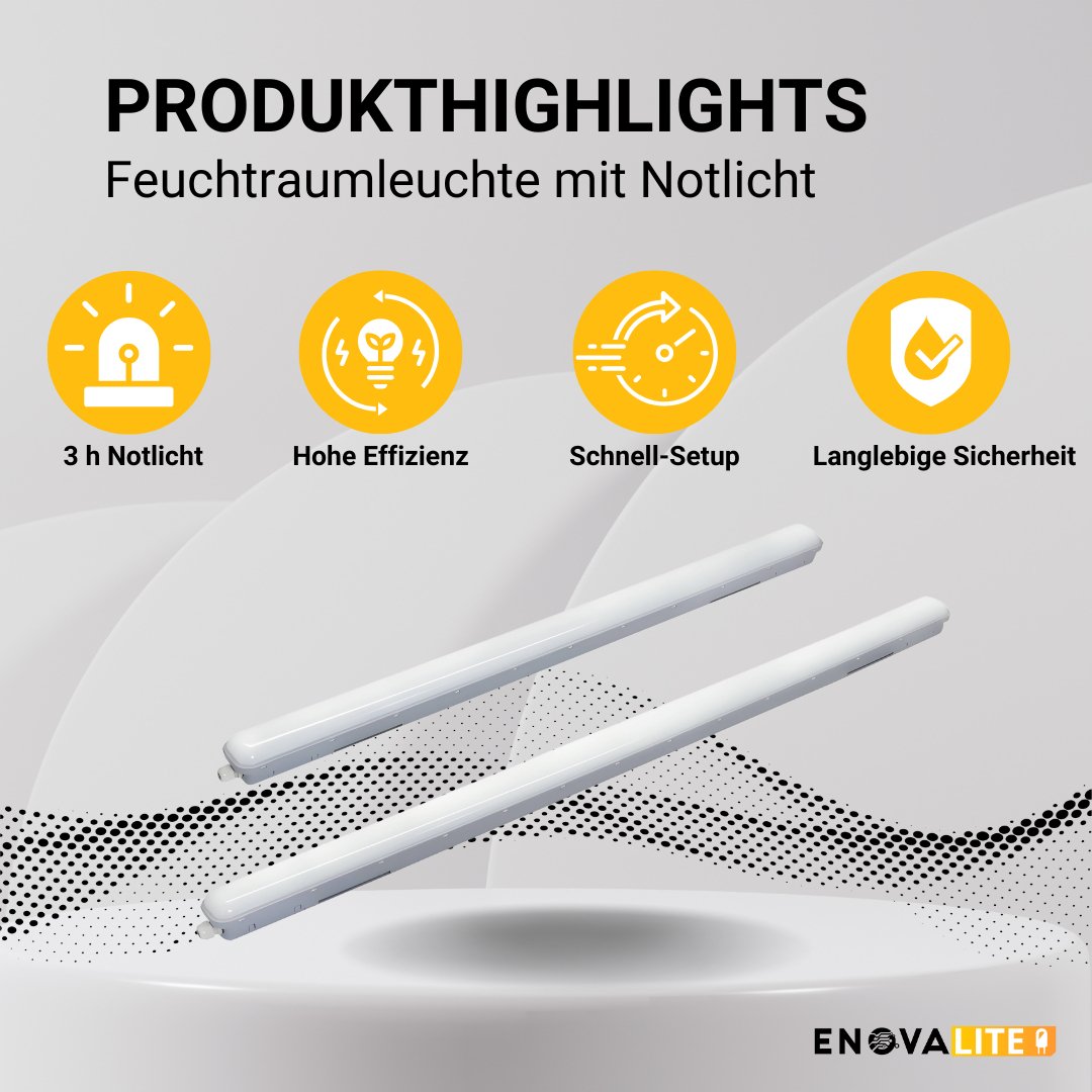 LED Feuchtraumleuchte PRO, Notlicht mit Akku 3h, 120cm, 36W, 3960 lm, 4000 K (neutralweiß), IP66, Steckklemme, durchschleifbar.