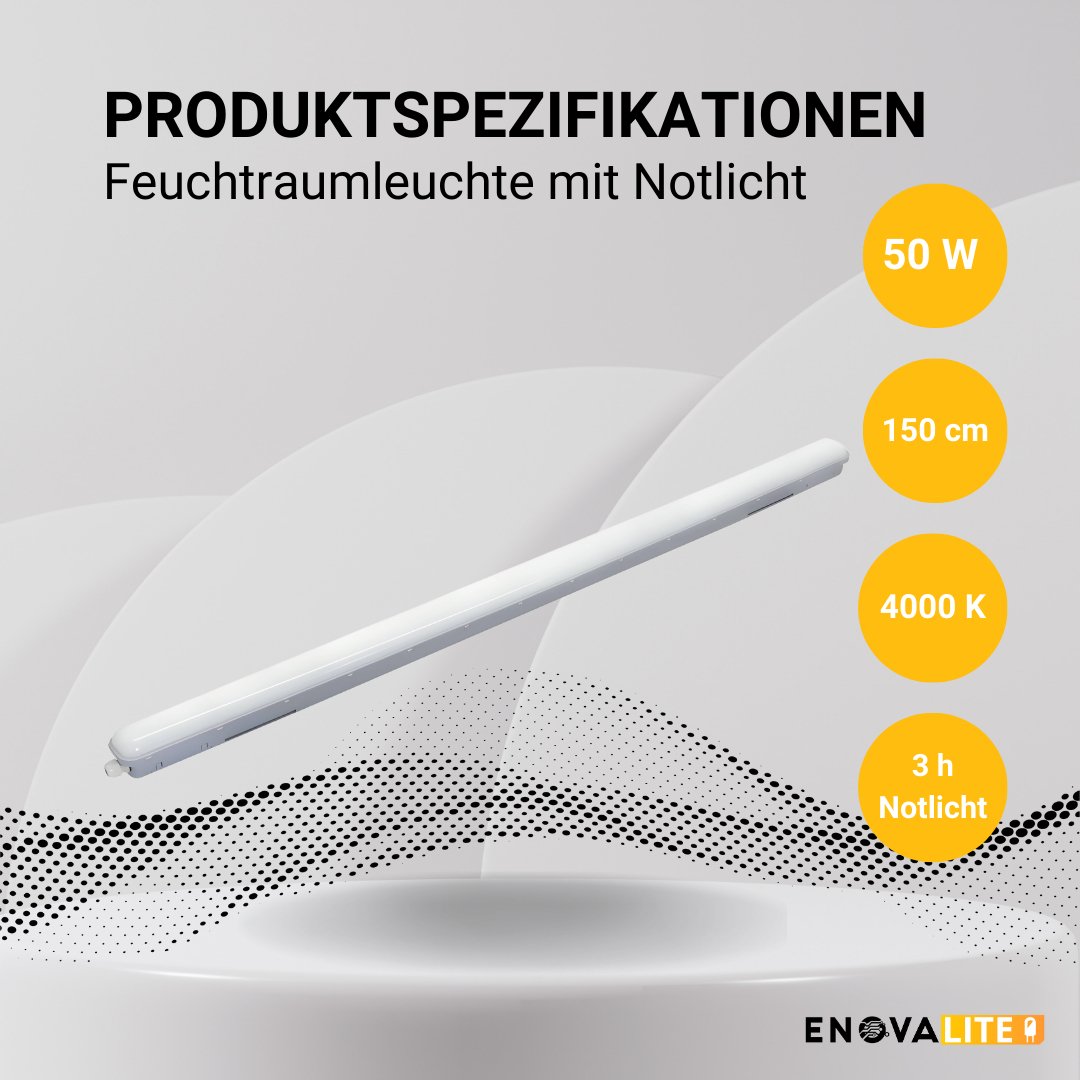 LED Feuchtraumleuchte PRO, Notlicht mit Akku 3h, 150cm, 50W, 5500lm, 4000K (neutralweiß), IP66, Steckklemme, durschleifbar.
