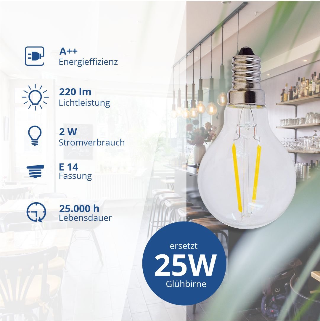LED Filament Leuchtmittel, E14, 2W, Minibulbform, 200 Lumen, 2700K.