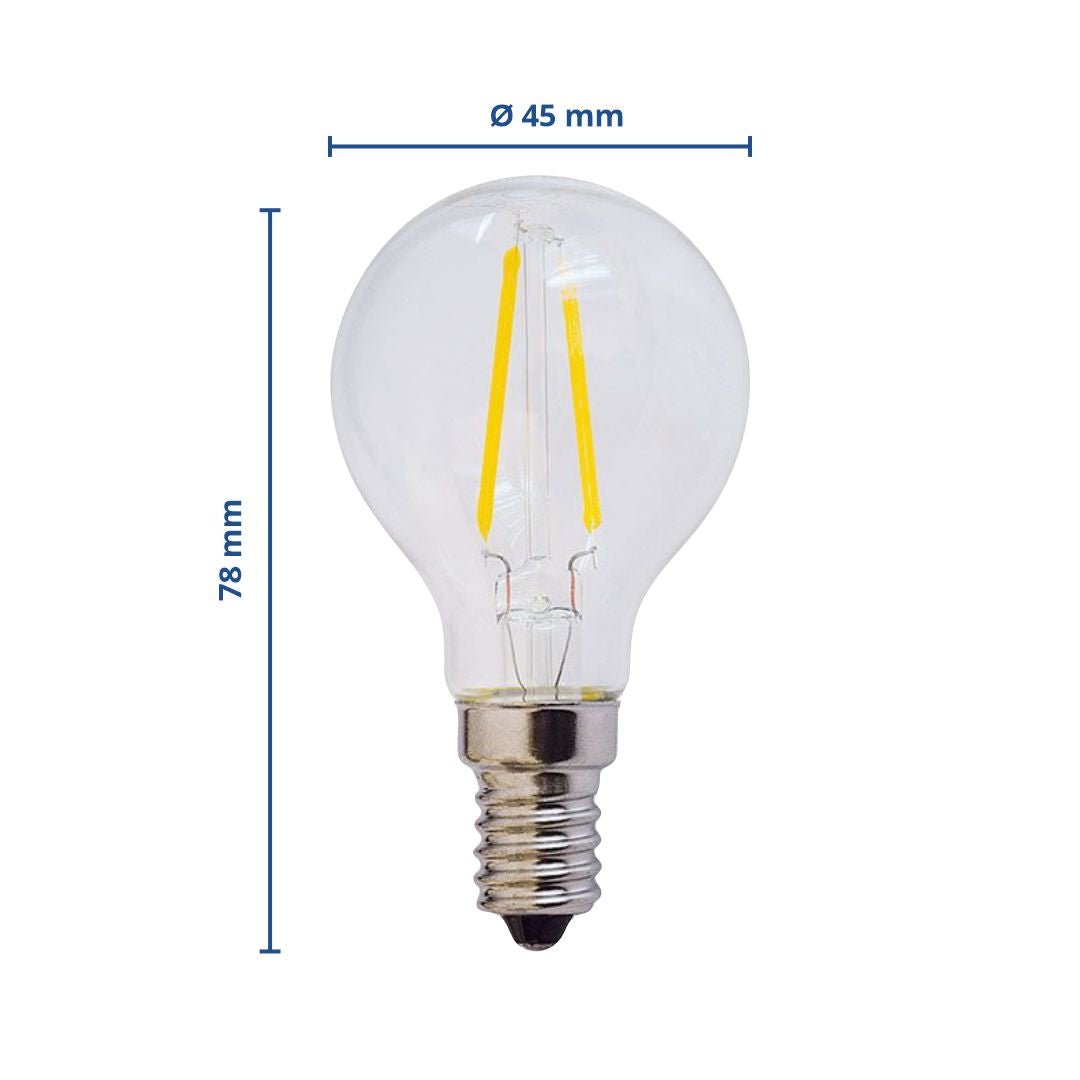 LED Filament Leuchtmittel, E14, 2W, Minibulbform, 200 Lumen, 2700K.