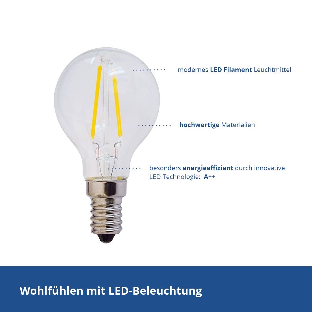 LED Filament Leuchtmittel, E14, 2W, Minibulbform, 200 Lumen, 4500K.
