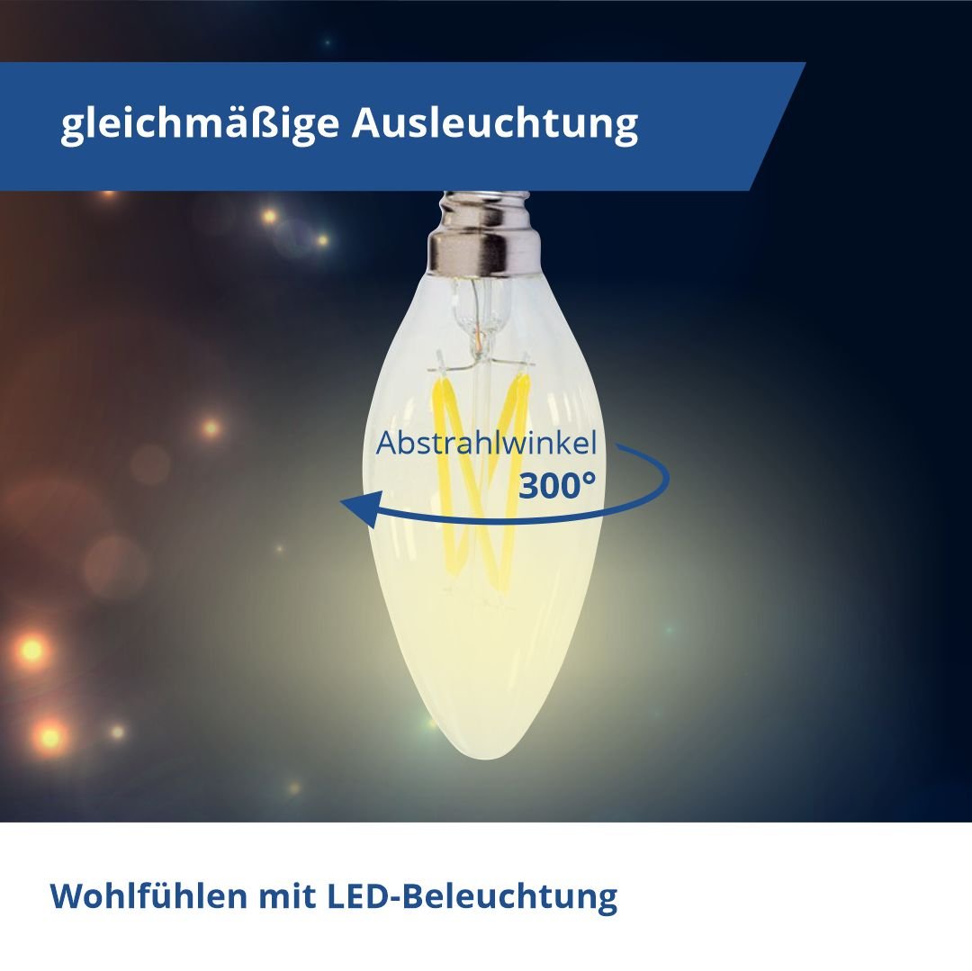 LED Filament Leuchtmittel E14, C35, 4 W, 400 lm, 2700 K, dimmbar.