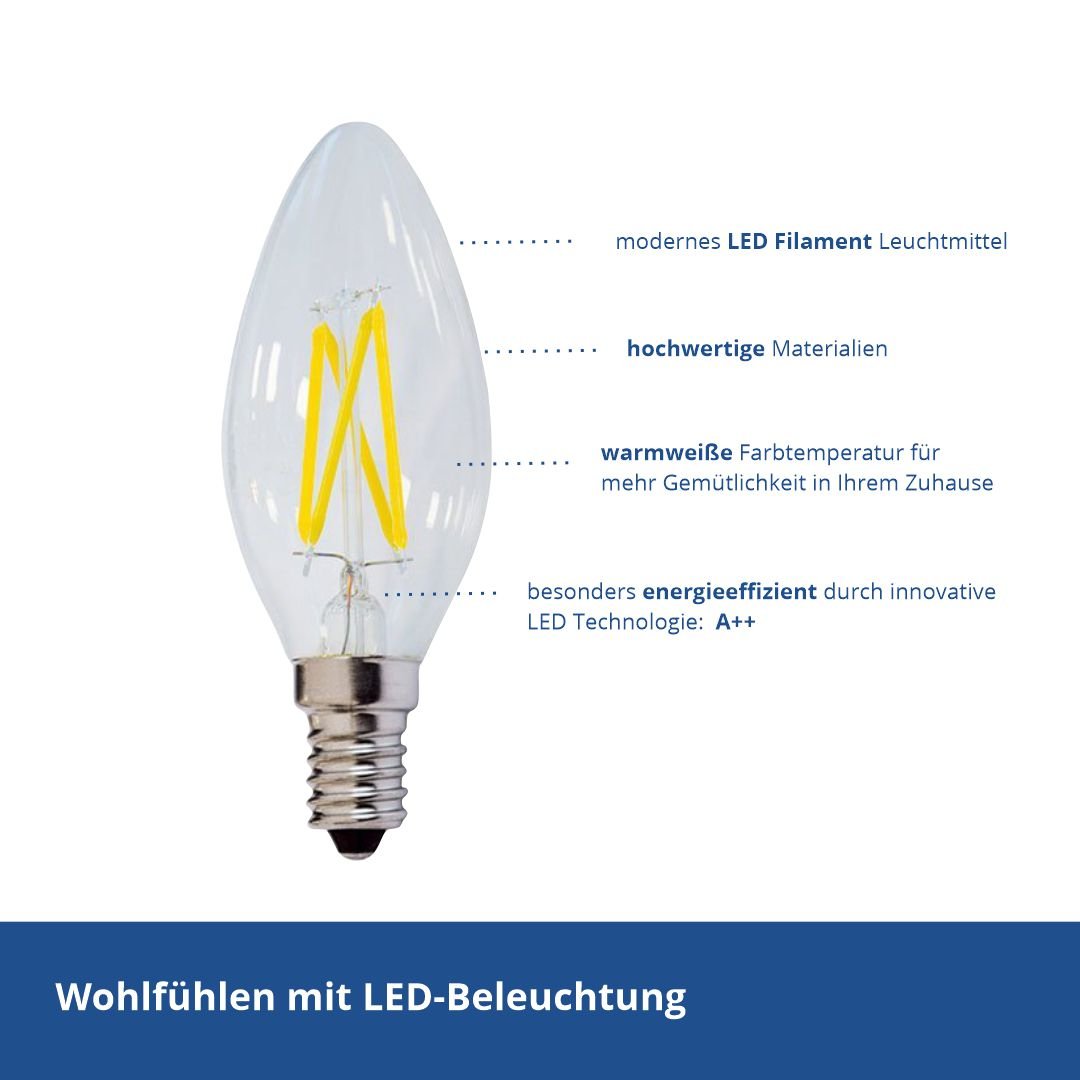 LED Filament Leuchtmittel E14, C35, 4 W, 400 lm, 2700 K, dimmbar.