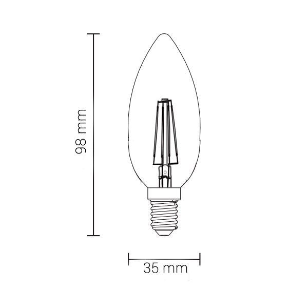LED Filament Leuchtmittel E14, C35, 4 W, 400 lm, 2700 K, dimmbar.