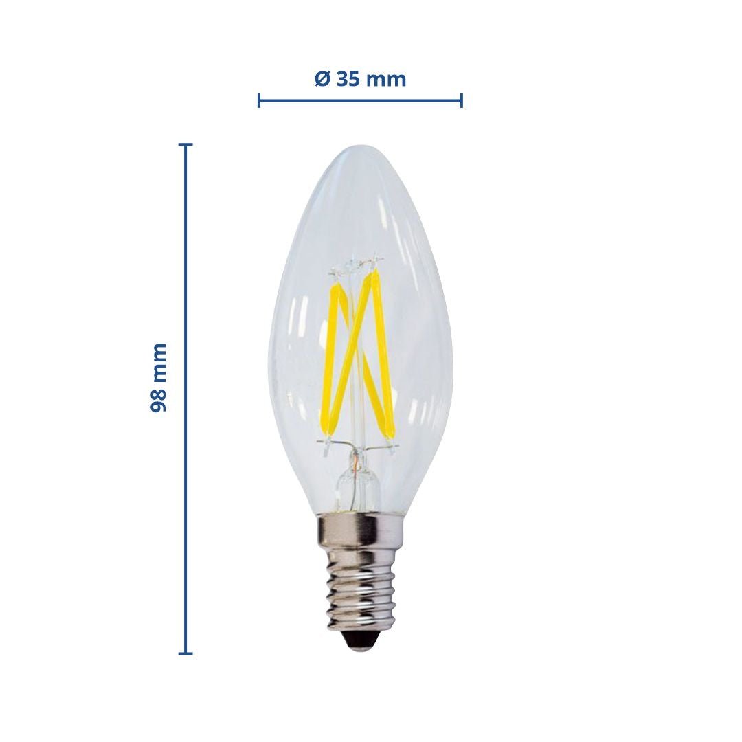 LED Filament Leuchtmittel E14, C35, 4 W, 400 lm, 2700 K, dimmbar.