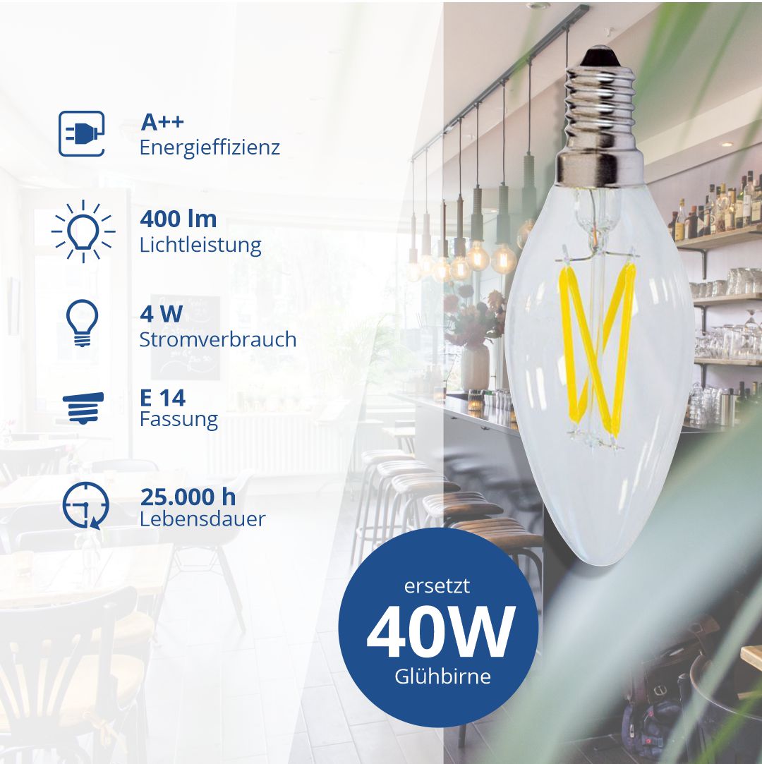 LED Filament Leuchtmittel E14, C35, 4 W, 400 lm, 2700 K, dimmbar.