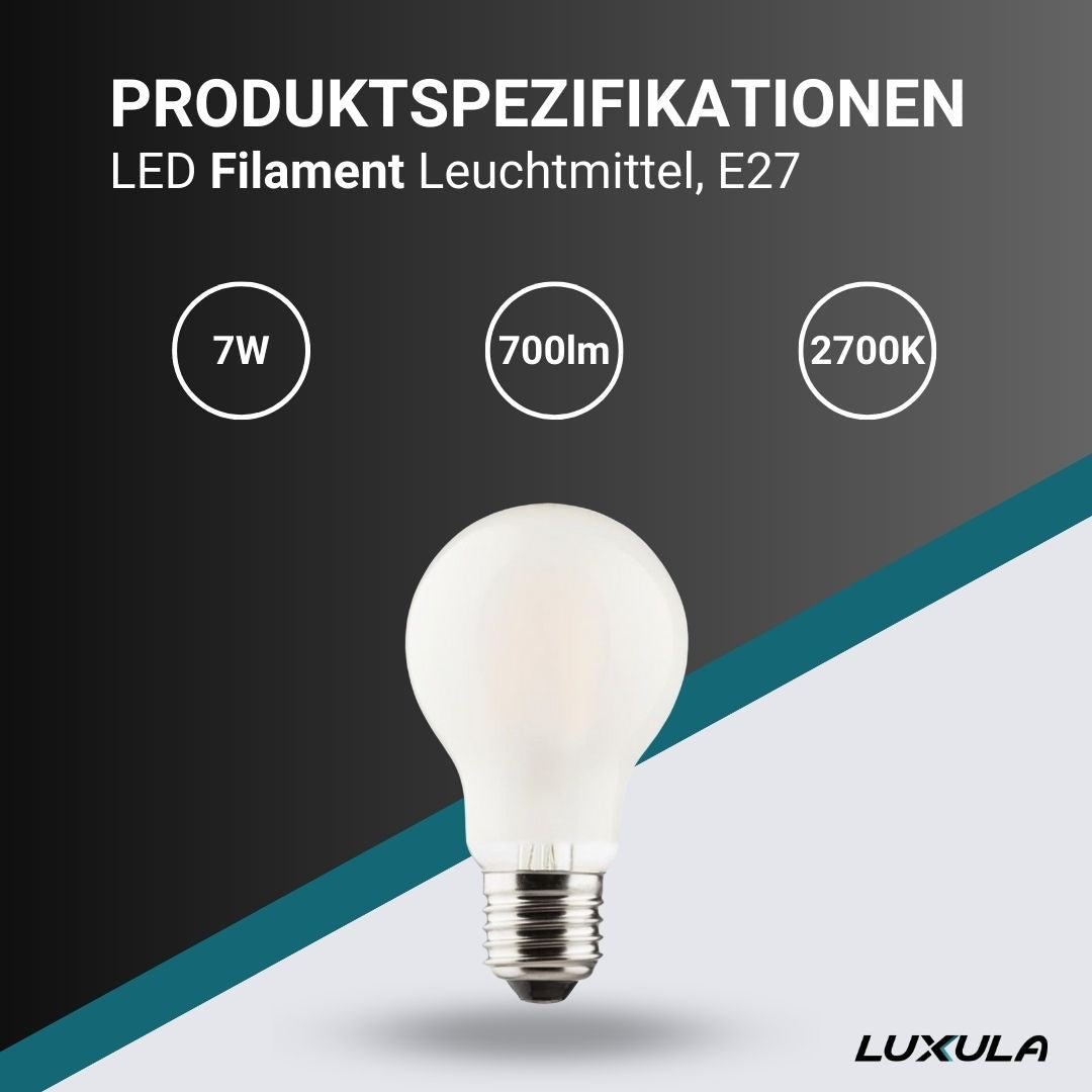 LED Filament Leuchtmittel E27, A60, 7W, 700lm, 2700K, frosted Glas.