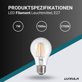 LED Filament Leuchtmittel E27, 7W, 700lm, 2700K, transparentes Glas  Lichttechnik24.de.