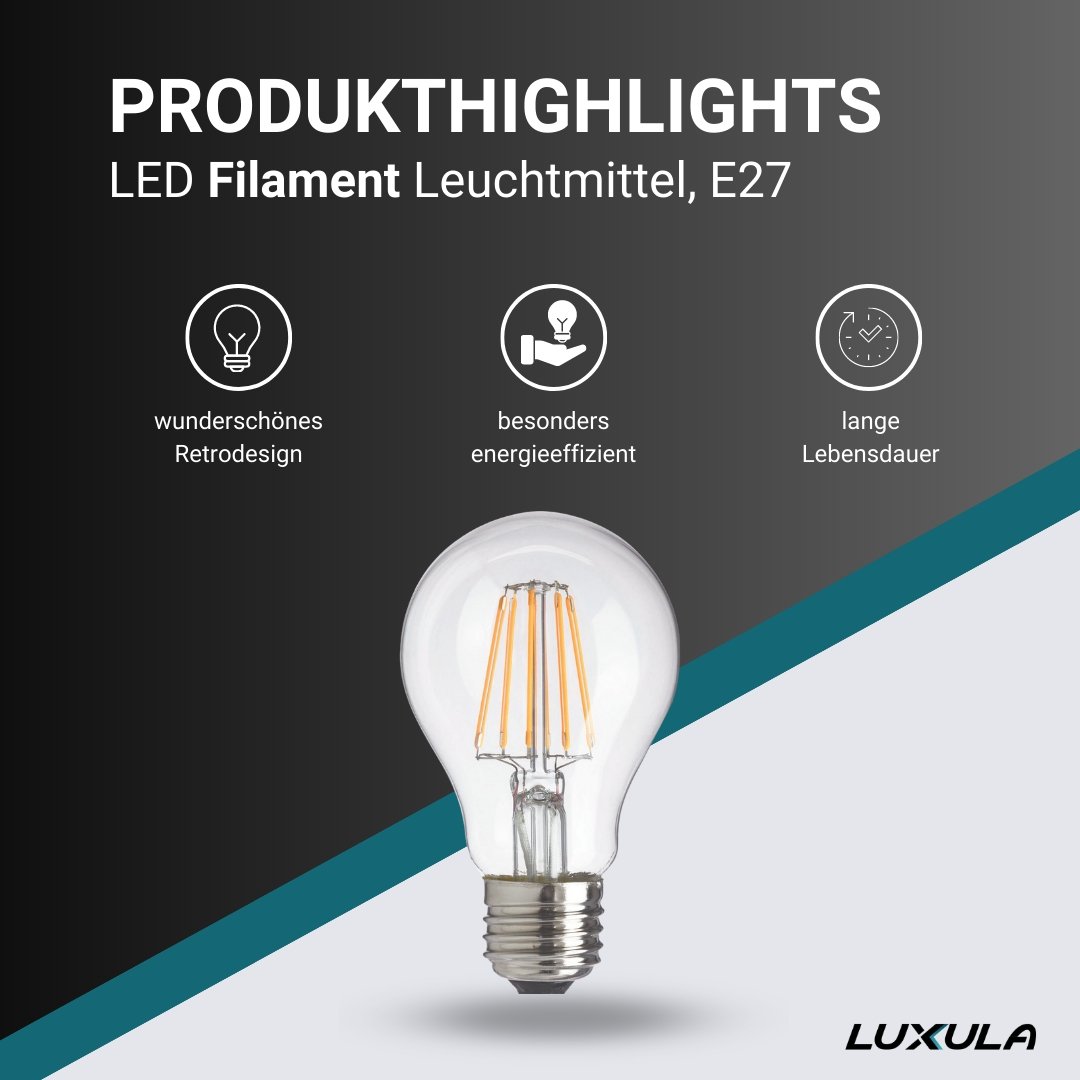 LED Filament Leuchtmittel E27, A60, 7W, 700lm, 2700K, transparentes Glas.