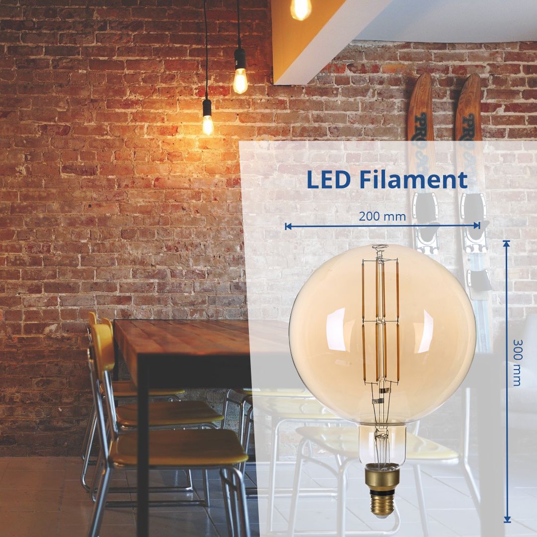 LED Filament Leuchtmittel, Vintage Lampe, G200, gold, E27, groß, Ø 200 mm, 8 W, 810 lm, dimmbar.