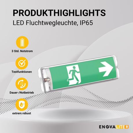 LED-Fluchtwegleuchte mit Fernbedienung, Notausgang mit Notstromeinheit, TEST-Funktion, Wandmontage, IP65  Lichttechnik24.de.