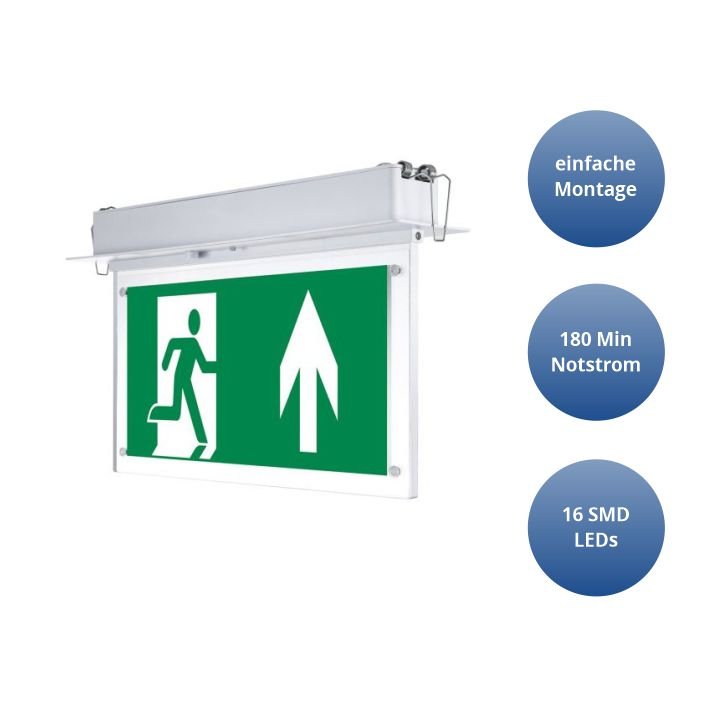LED-Fluchtwegleuchte, Notausgang mit Notstromeinheit, Deckeneinbau.