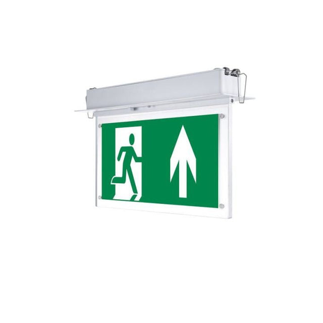 LED-Fluchtwegleuchte, Notausgang mit Notstromeinheit, Deckeneinbau.