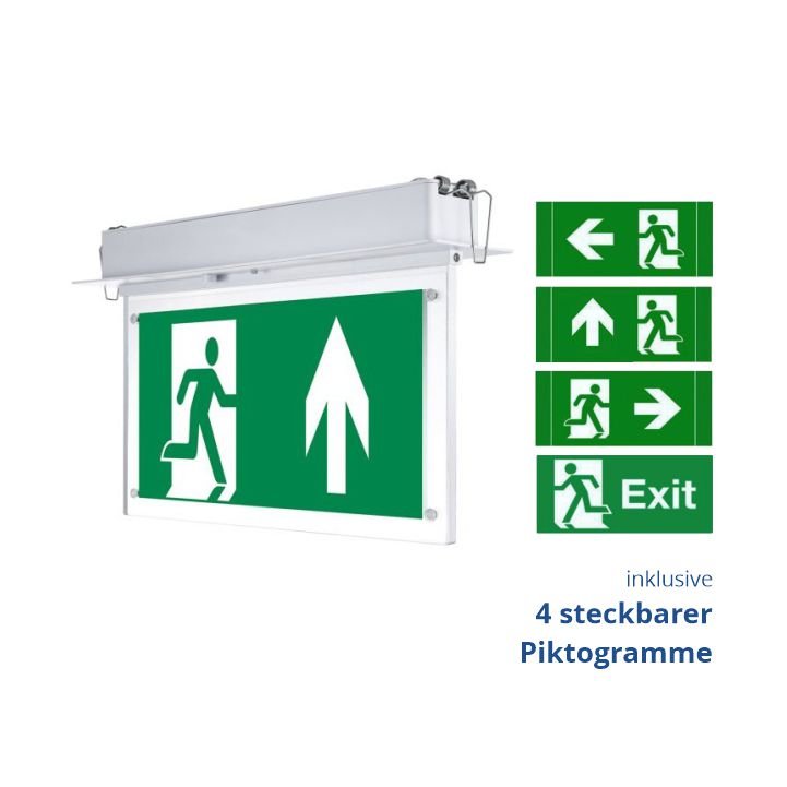 LED-Fluchtwegleuchte, Notausgang mit Notstromeinheit, Deckeneinbau.