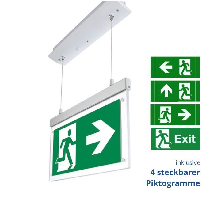 LED-Fluchtwegleuchte, Notausgang mit Notstromeinheit, Einbau, hängend.