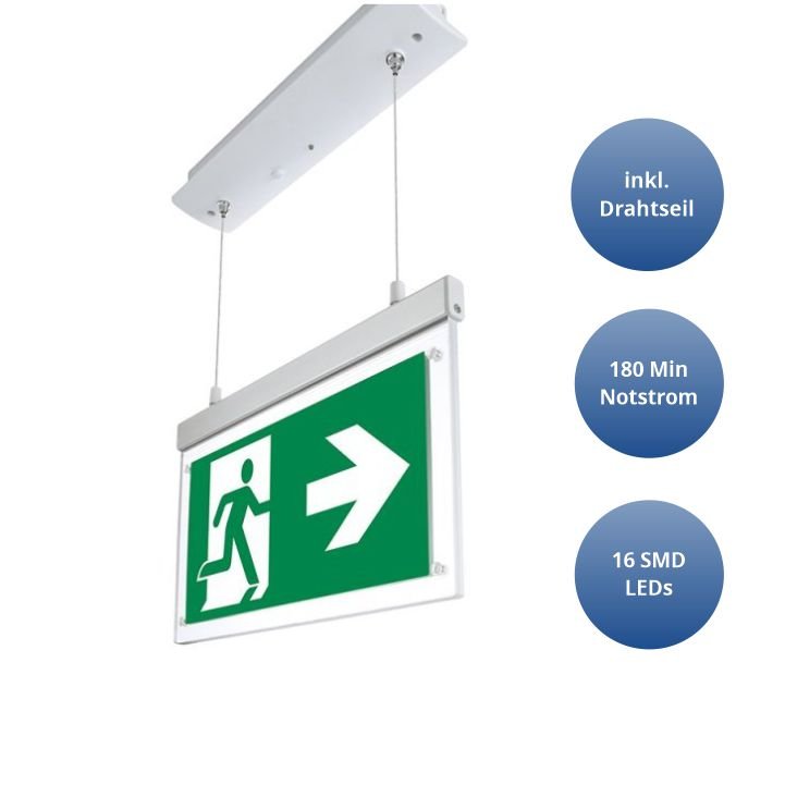 LED-Fluchtwegleuchte, Notausgang mit Notstromeinheit, Einbau, hängend.