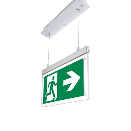 LED-Fluchtwegleuchte, Notausgang mit Notstromeinheit, Einbau, hängend.