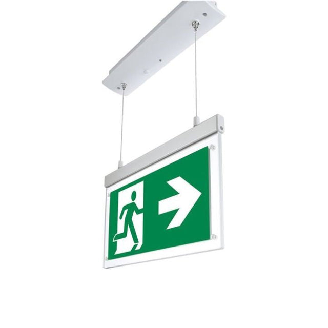 LED-Fluchtwegleuchte, Notausgang mit Notstromeinheit, Einbau, hängend.