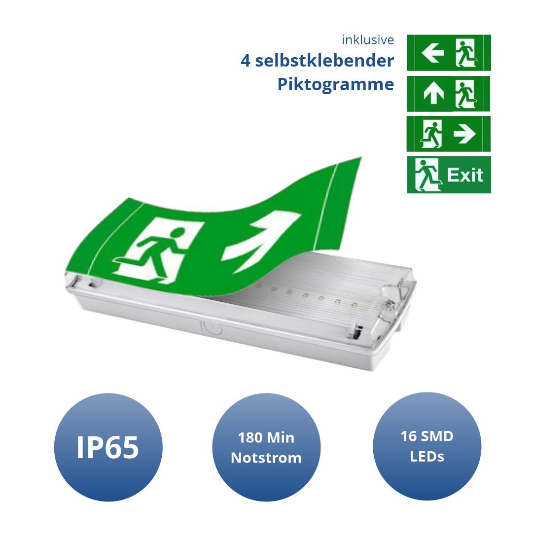 LED-Fluchtwegleuchte, Notausgang mit Notstromeinheit für Wand und Decke.