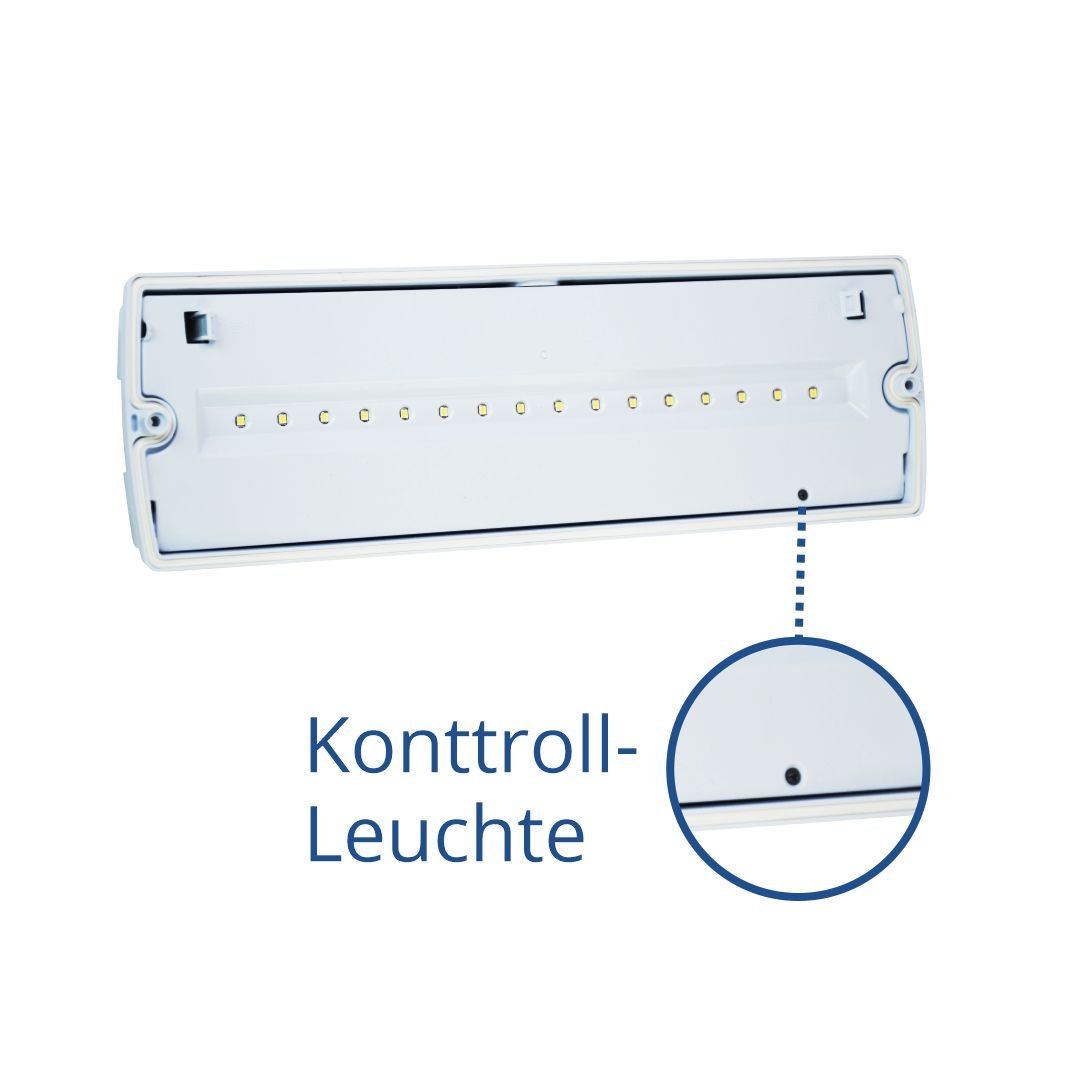 LED-Fluchtwegleuchte, Notausgang mit Notstromeinheit für Wand und Decke.
