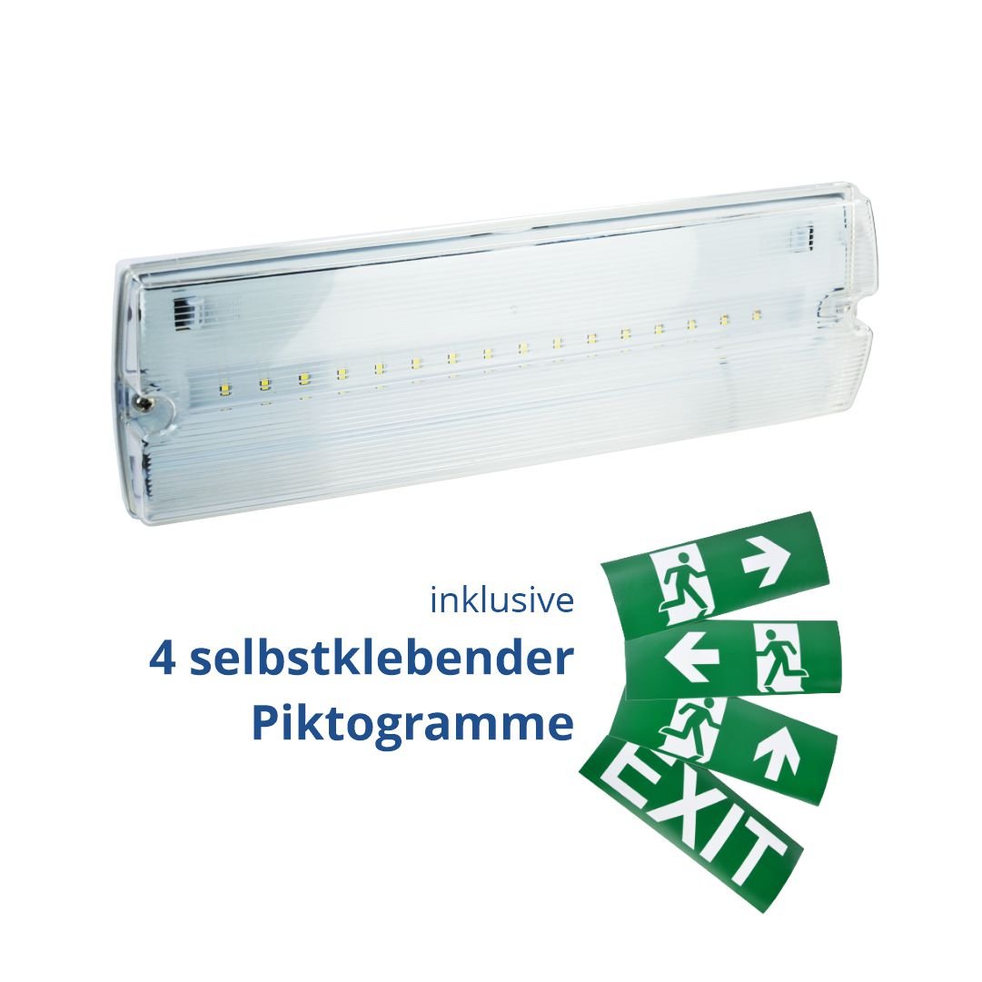 LED-Fluchtwegleuchte, Notausgang mit Notstromeinheit für Wand und Decke.