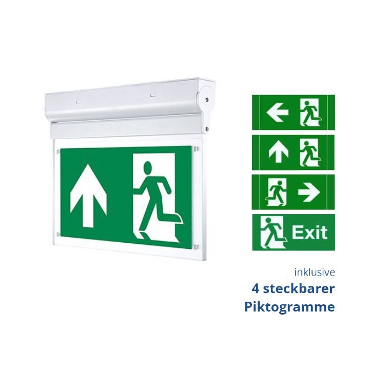 LED-Fluchtwegleuchte, Notausgang mit Notstromeinheit für Wand und Decke.
