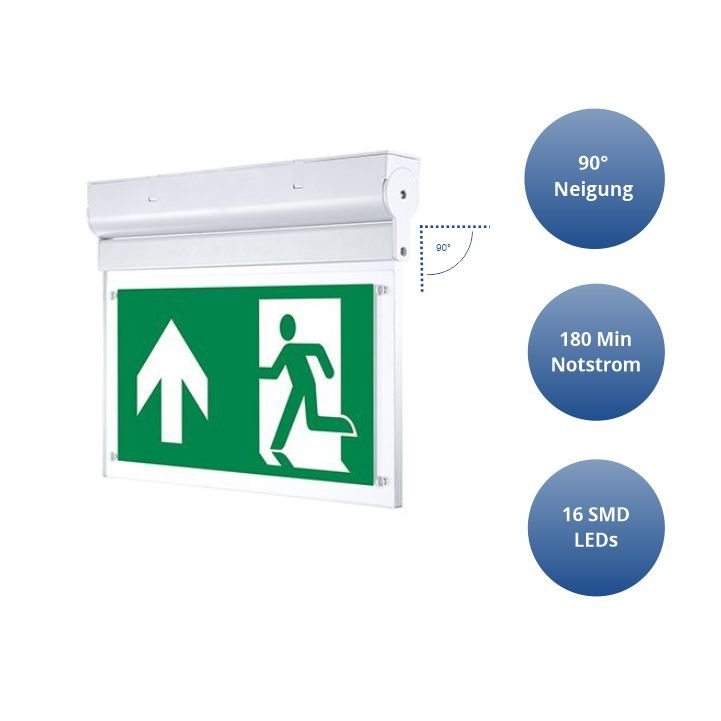 LED-Fluchtwegleuchte, Notausgang mit Notstromeinheit für Wand und Decke.