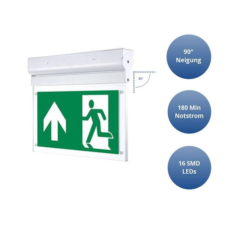 LED-Fluchtwegleuchte, Notausgang mit Notstromeinheit für Wand und Decke.