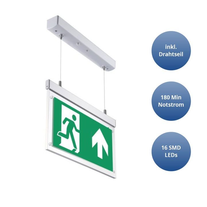LED-Fluchtwegleuchte, Notausgang mit Notstromeinheit, hängend.