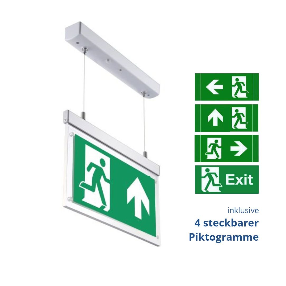 LED-Fluchtwegleuchte, Notausgang mit Notstromeinheit, hängend.
