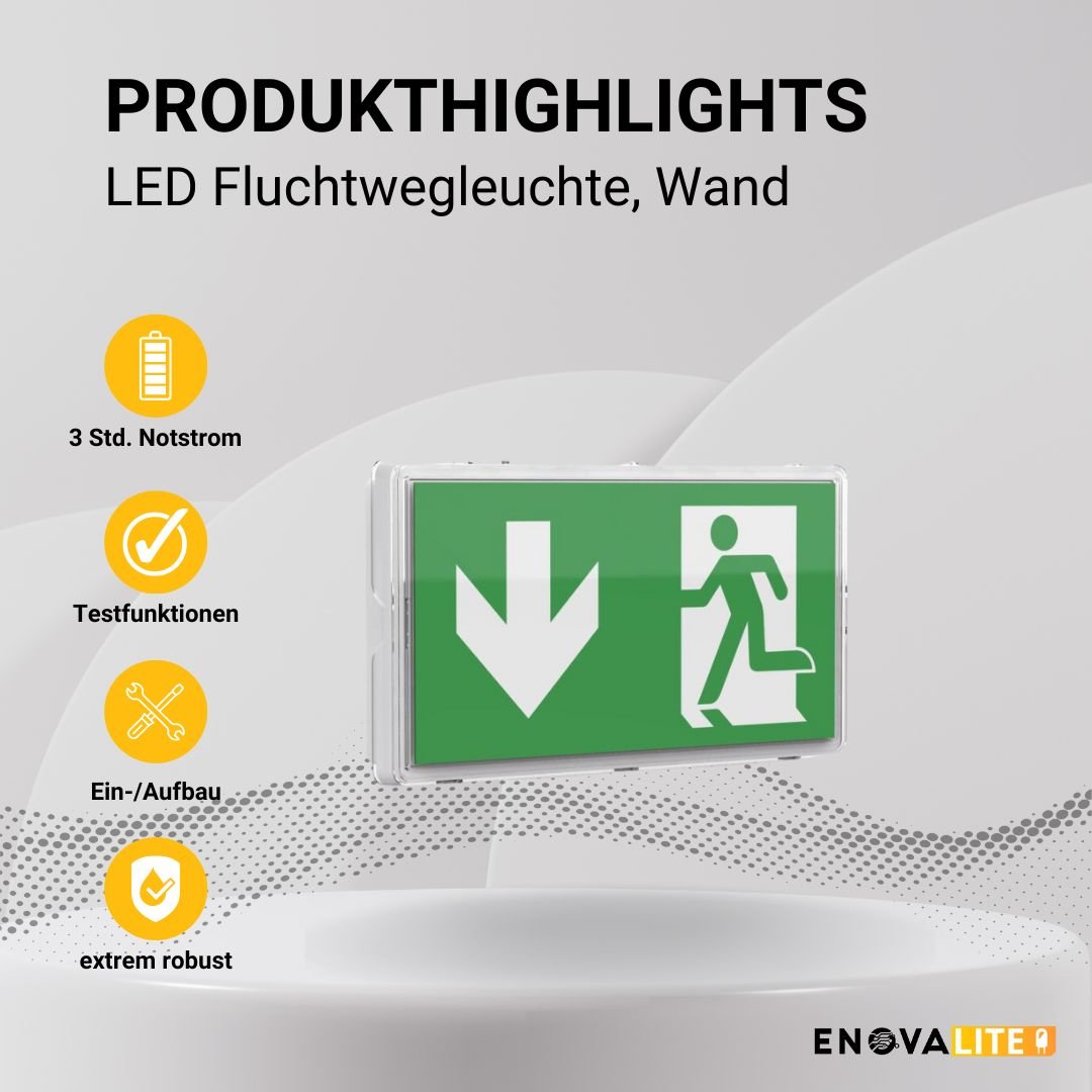 LED-Fluchtwegleuchte, Notausgang mit Notstromeinheit, TEST-Funktion, Wandmontage, Ein- und Aufbau, IP65  Lichttechnik24.de.