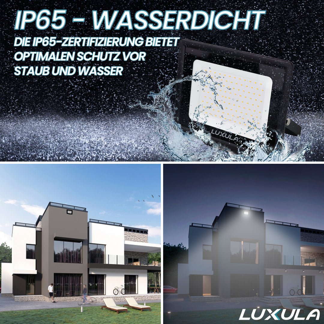 LED-Fluter, 100 W, 3000 K (warmweiß), 10000 lm, schwarz, IP65, TÜV-geprüft  Lichttechnik24.de.