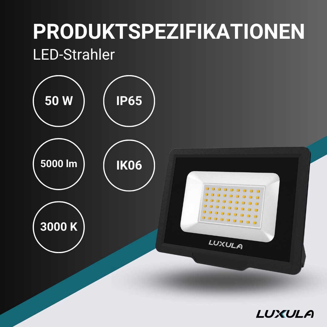 LED-Fluter, 50 W, 3000 K (warmweiß), 5000 lm, schwarz, IP65, TÜV-geprüft  Lichttechnik24.de.