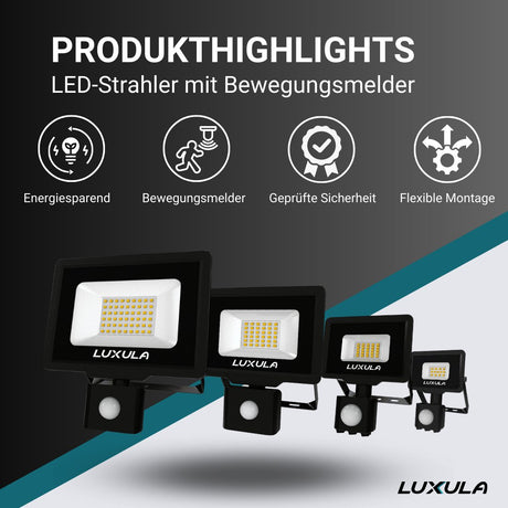 LED-Fluter mit Bewegungsmelder, 10 W, 3000 K (warmweiß), 1000 lm, schwarz, IP65, TÜV-geprüft  Lichttechnik24.de.