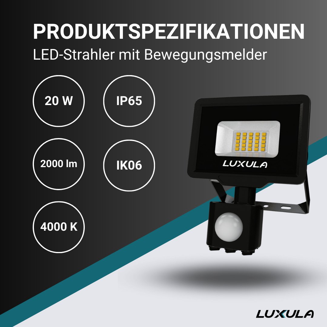 LED-Fluter mit Bewegungsmelder, 20 W, 4000 K (neutralweiß), 2000 lm, schwarz, IP65, TÜV-geprüft  Lichttechnik24.de.