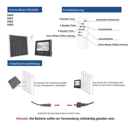 LED-Fluter, Solar mit Akku, 16 W, 800 lm, 6000K.