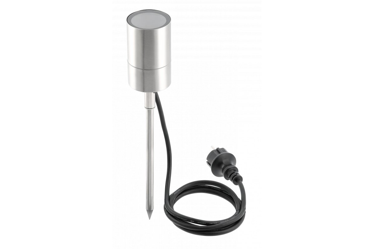 LED Gartenleuchte GU10 mit Stecker und Spieß, Gartenspot, IP44, silber.