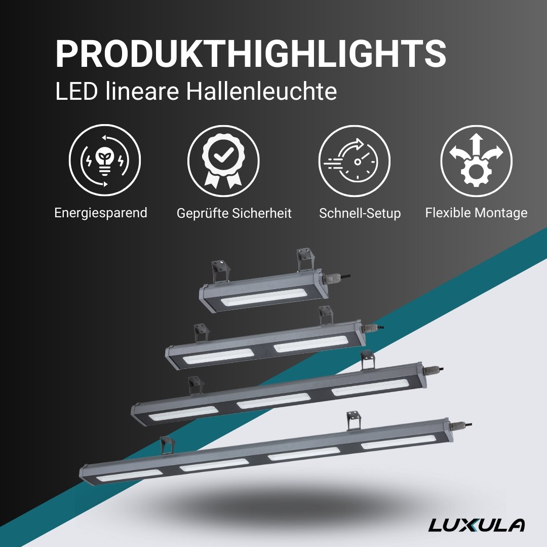 LED-HighBay, linear, 50 W, 6200 lm, 5000 K (neutralweiß), IP65, TÜV-geprüft  Lichttechnik24.de.