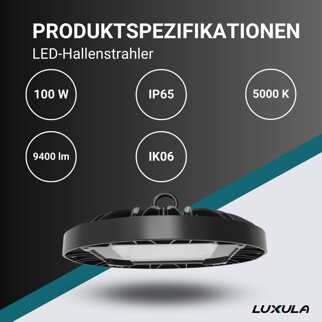 LED-HighBay, UFO, 100 W, 9400 lm, 5000 K (neutralweiß), IP65, TÜV-geprüft  Lichttechnik24.de.