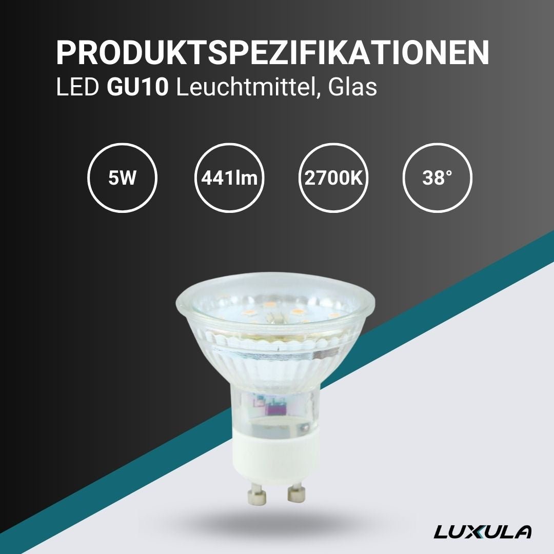 LED Leuchtmittel GU10, MR16, 5W, 441lm, 2700K, 38°, Glasgehäuse.