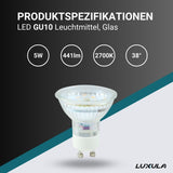 LED Leuchtmittel GU10, 5W, 441lm, 2700K, 38°, Glasgehäuse  Lichttechnik24.de.
