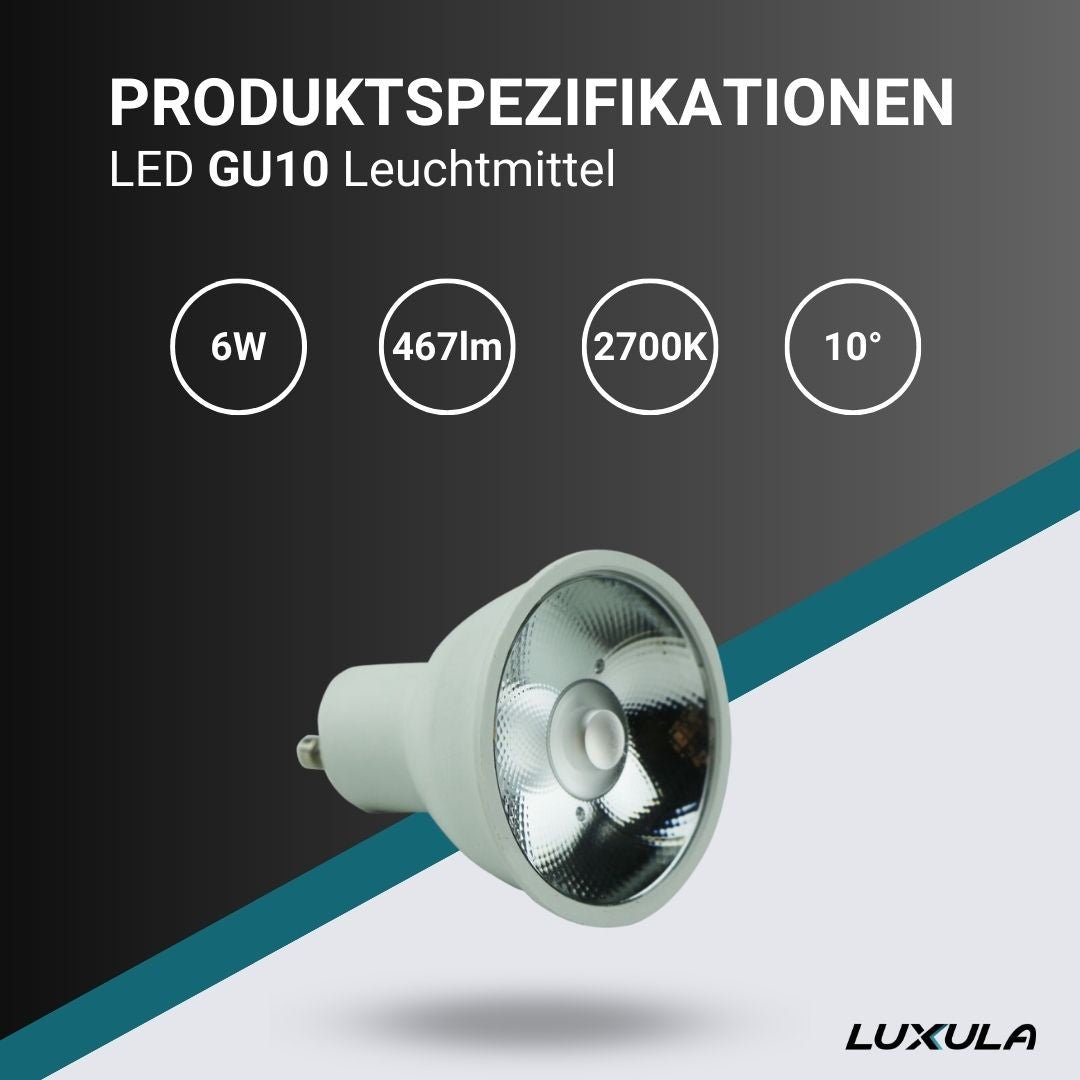 LED Leuchtmittel GU10, 6W, 467lm, 3000K, 10°  Lichttechnik24.de.