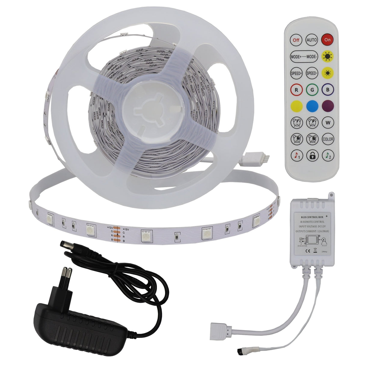 LED-Leuchtstreifen Set, RGB, 12 V, 30 LEDs, Netzteil + Fernbedienung, 5 m.