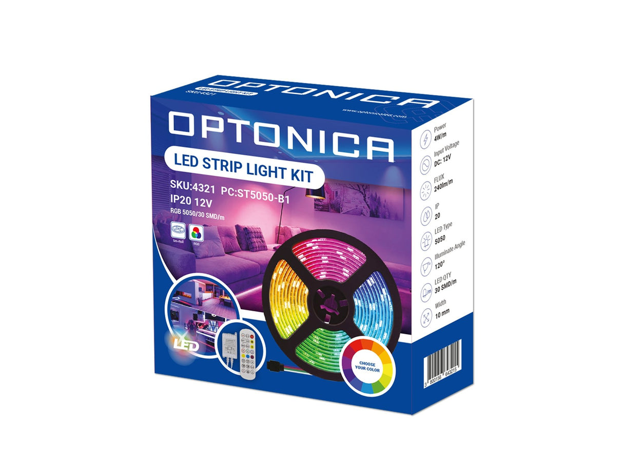 LED-Leuchtstreifen Set, RGB, 12 V, Netzteil + Fernbedienung, IP54.