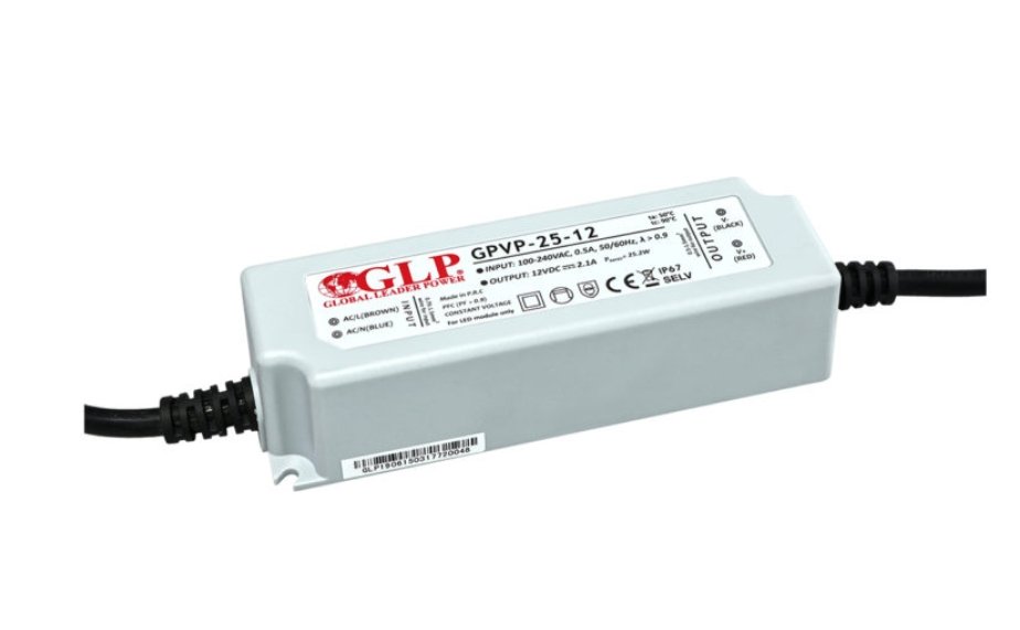 LED-Netzteil, 25 W, 12 V DC, 2 A, IP67, PFC Funktion.