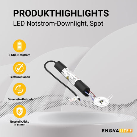 LED-Notstrom Downlight, Fluchtwegleuchte mit Notstromeinheit, Einbauspot, TEST-Funktion  Lichttechnik24.de.
