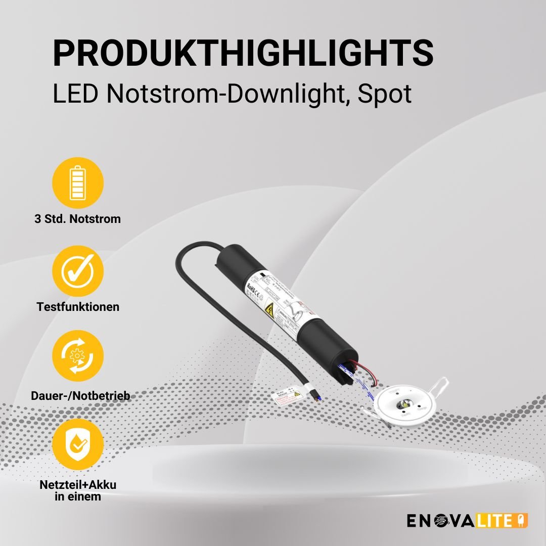 LED-Notstrom Downlight mit Fernbedienung, Fluchtwegleuchte mit Notstromeinheit, Einbauspot, TEST-Funktion  Lichttechnik24.de.