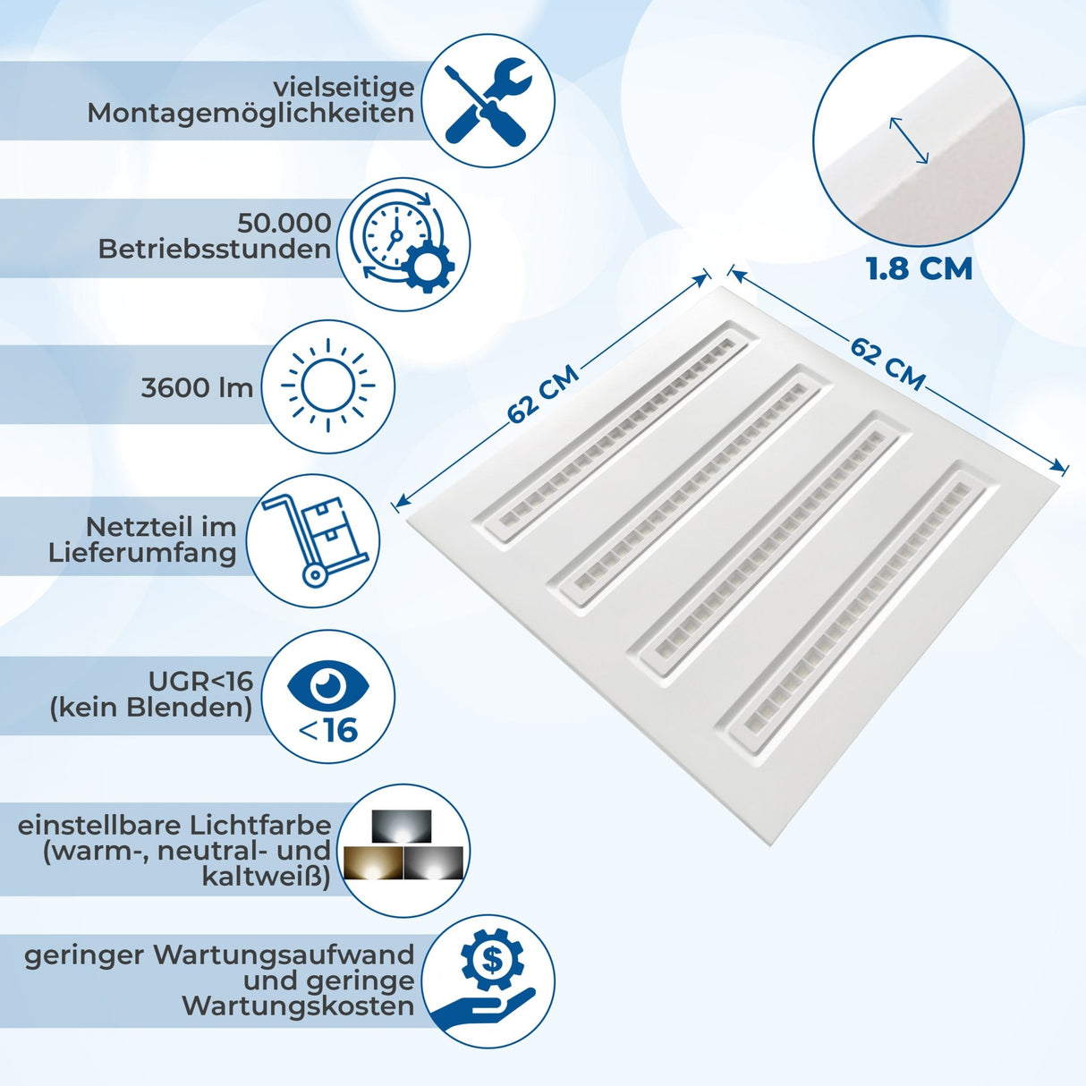 LED Panel 62x62cm, 30 W, 4200 lm, CCT 3000-6000K, UGR<16.